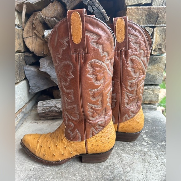 Montana Exotic Ostrich Tan & Brown Heeled Boots with Western Stitching Sz-7.5. P - Picture 4 of 9